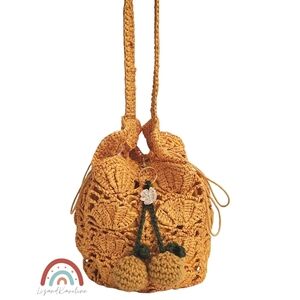 New! J. Crew Small Handknotted Faux Raffia Bucket Bag with Crochet Cherries
